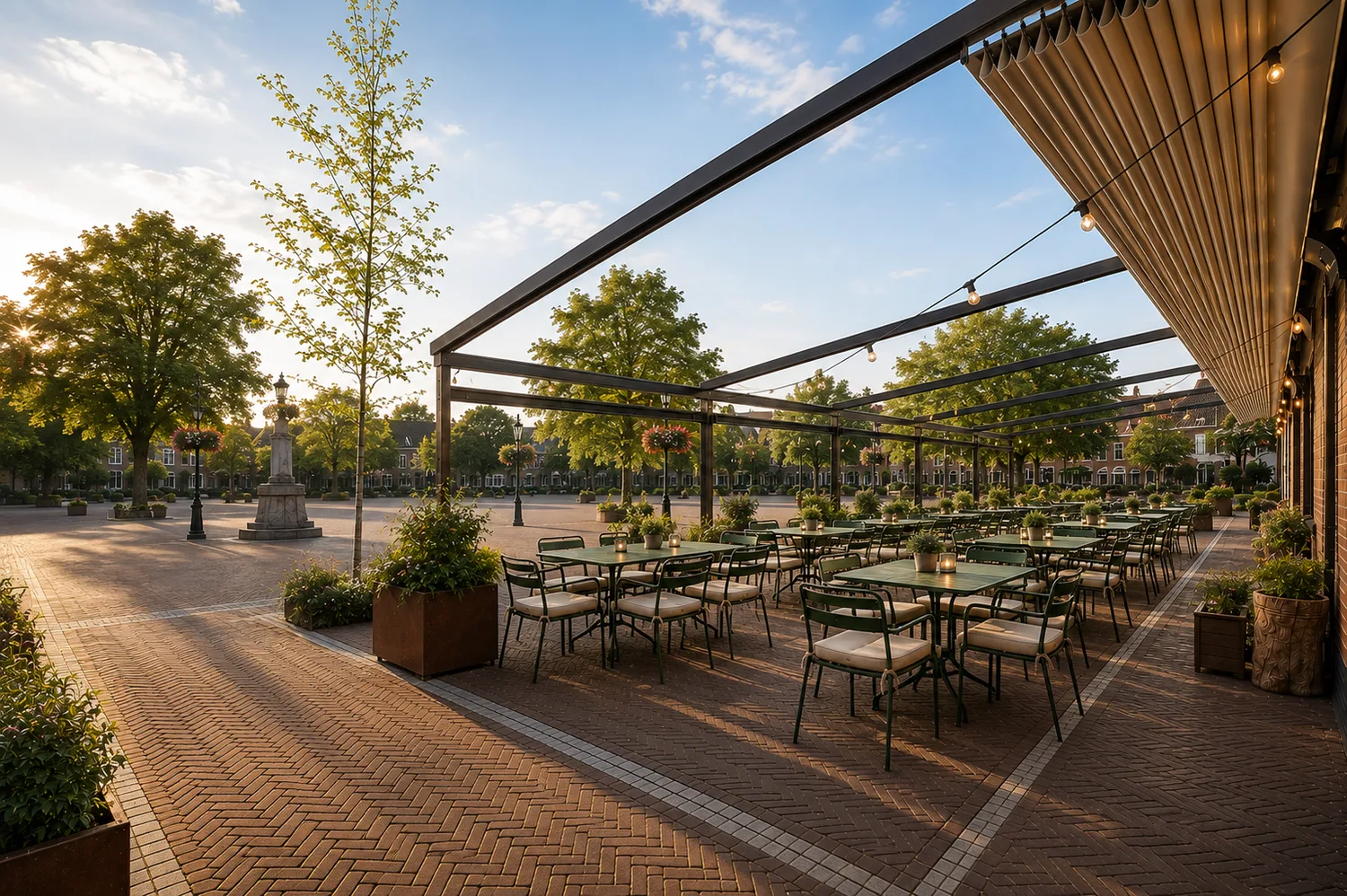 Horecagebouw aan het water met moderne terrasoverkapping